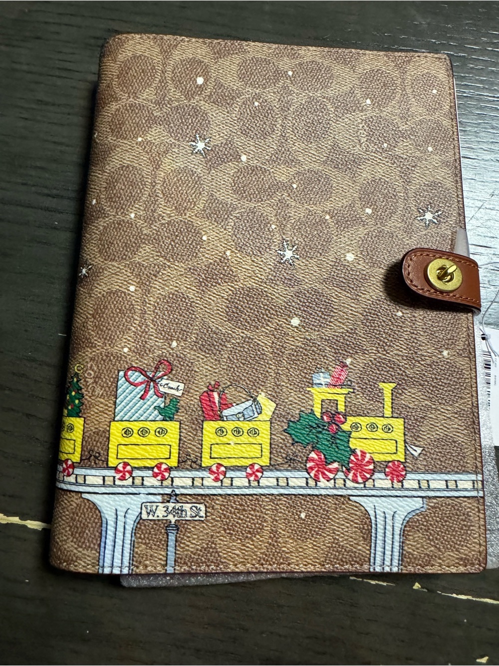 Coach Brown Signature Canvas Holiday Train Notebook Cover with Yellow Train